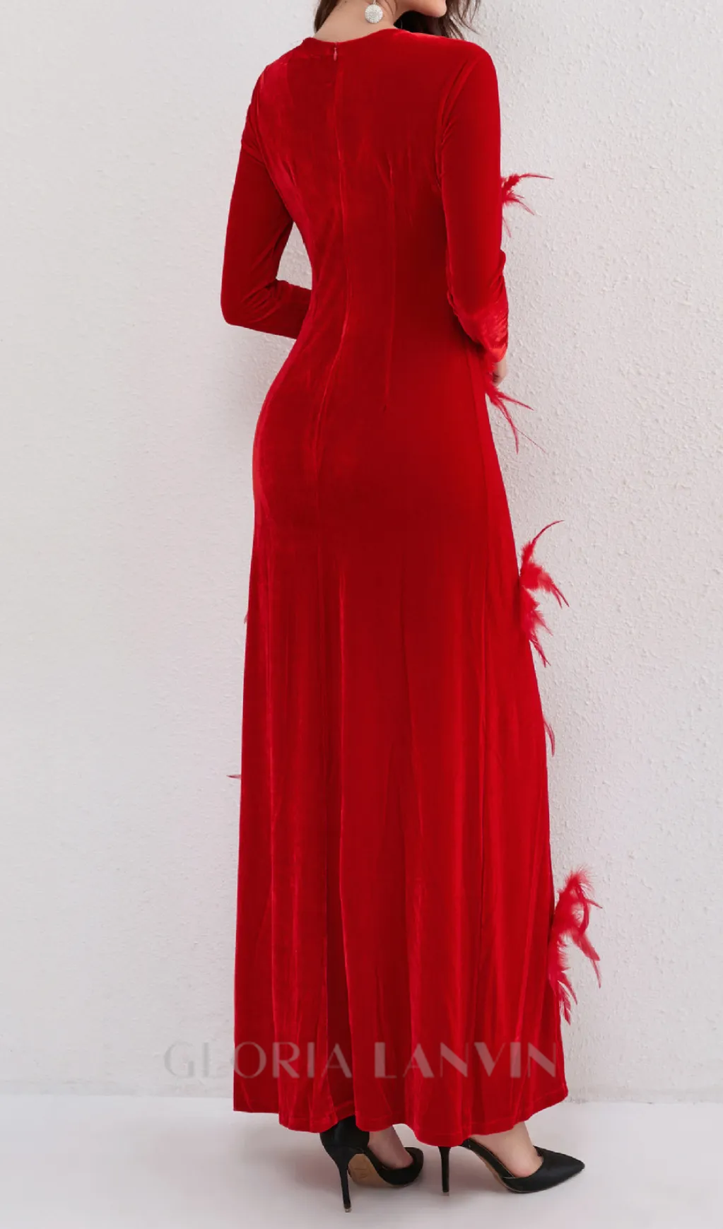 3d feather flower velvet maxi dress in red Gloria Lanvin