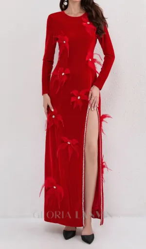 3d feather flower velvet maxi dress in red Gloria Lanvin