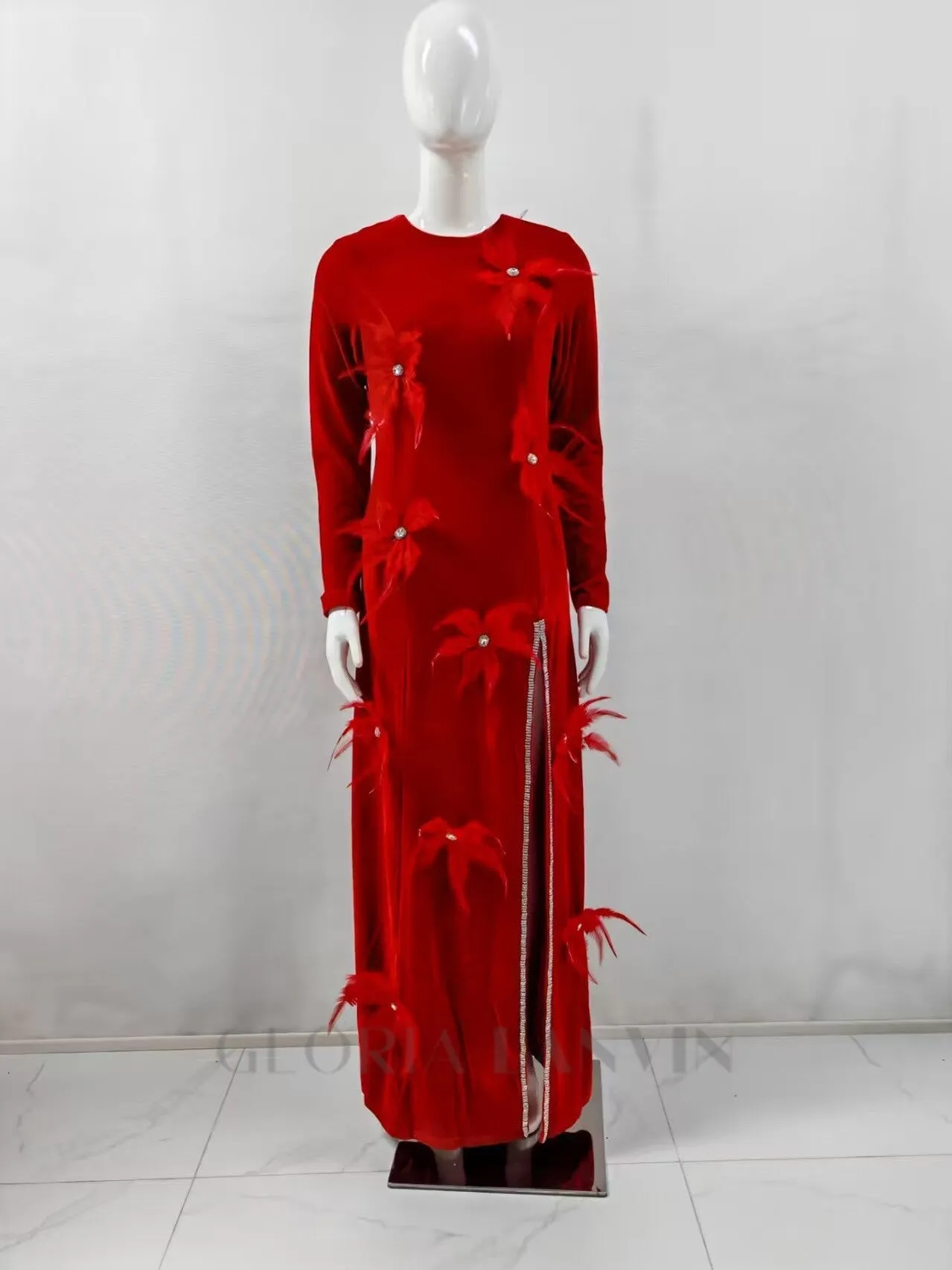 3d feather flower velvet maxi dress in red Gloria Lanvin