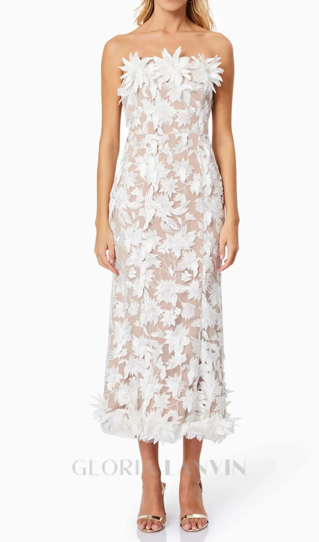3D flower embroidery strapless midi dress in beige Gloria Lanvin