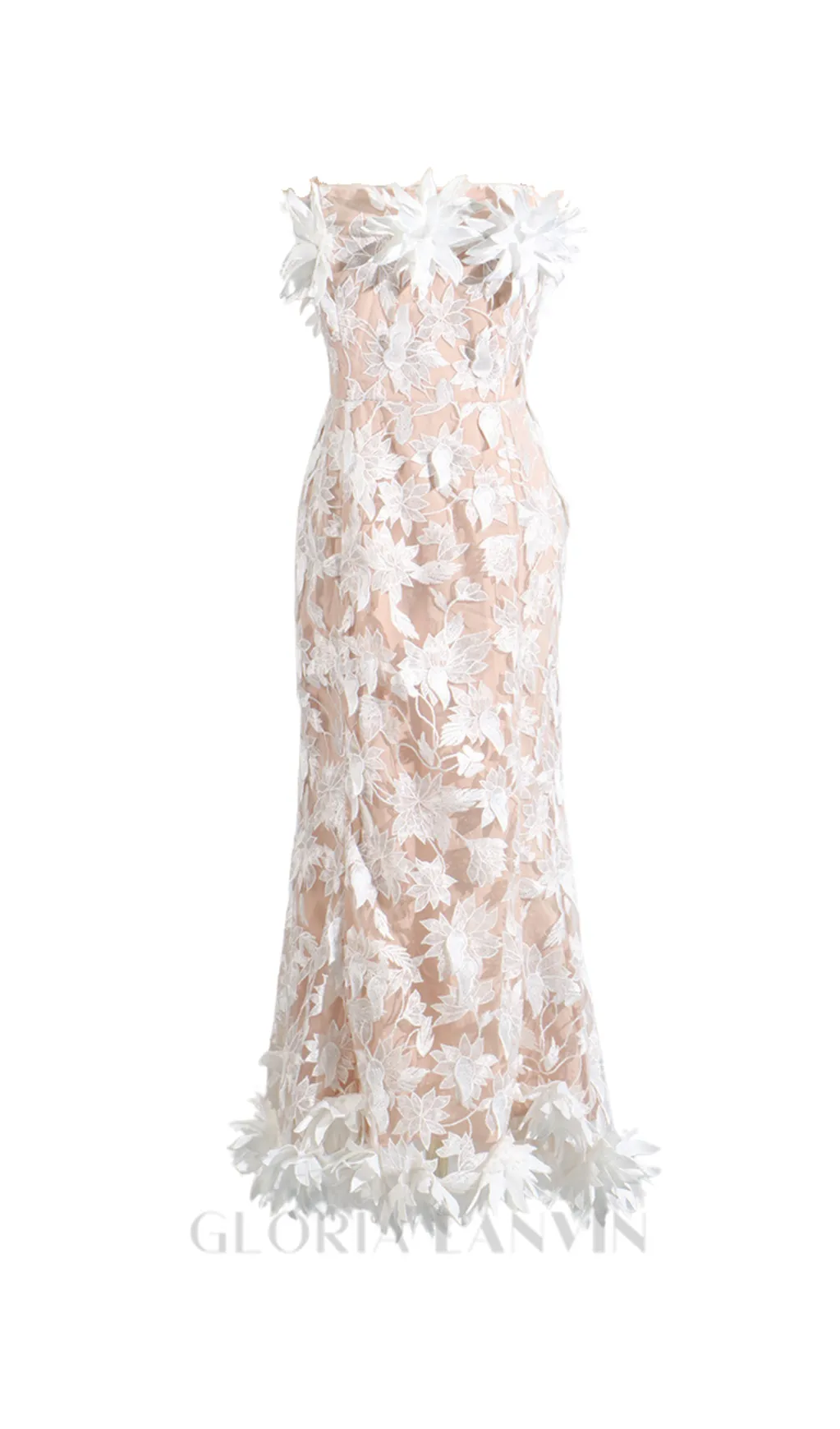 3D flower embroidery strapless midi dress in beige Gloria Lanvin