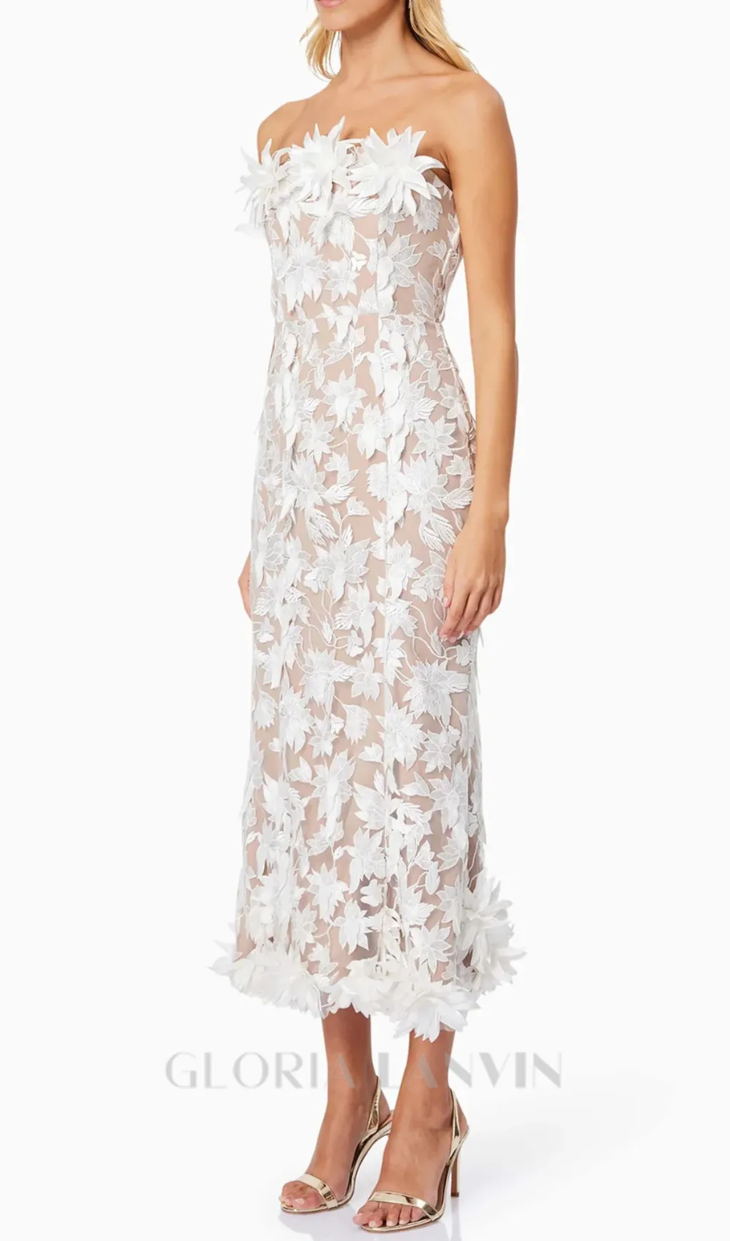 3D flower embroidery strapless midi dress in beige Gloria Lanvin