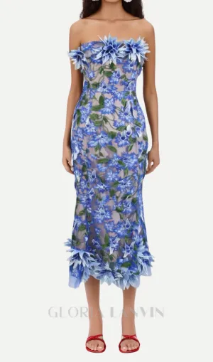 3D flower embroidery strapless midi dress in blue Gloria Lanvin