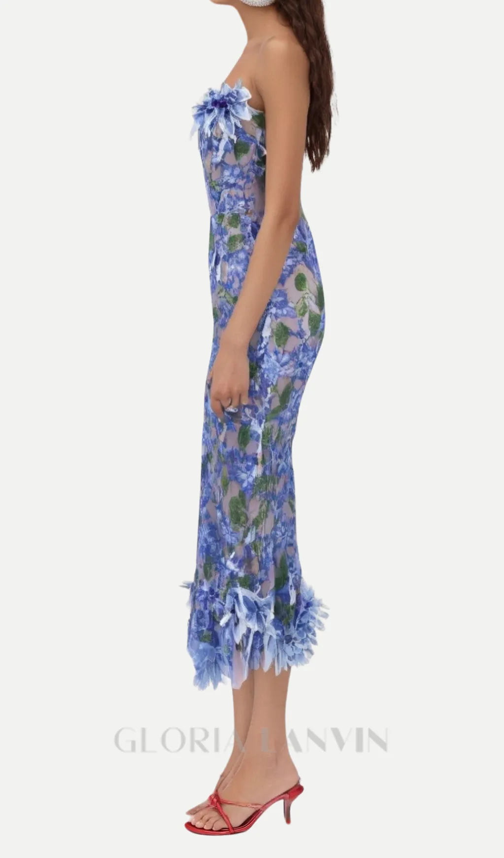 3D flower embroidery strapless midi dress in blue Gloria Lanvin