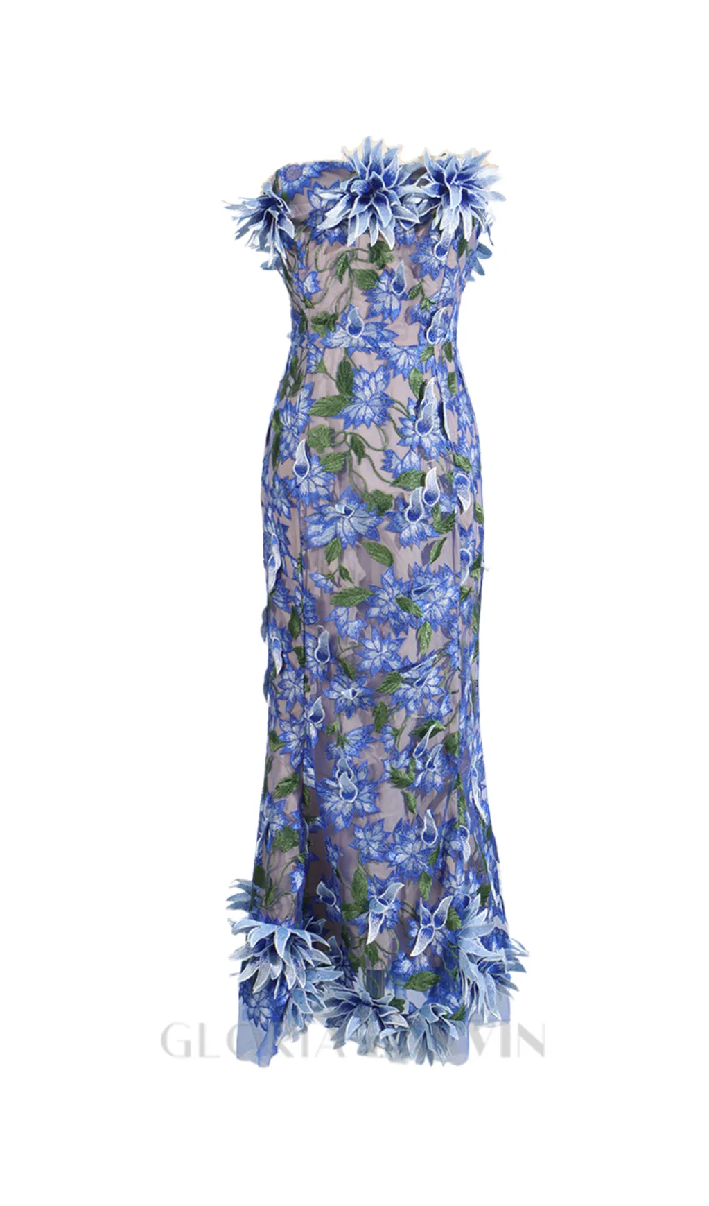 3D flower embroidery strapless midi dress in blue Gloria Lanvin