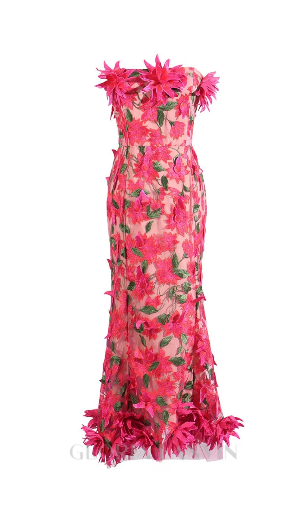 3D flower embroidery strapless midi dress in rose red Gloria Lanvin