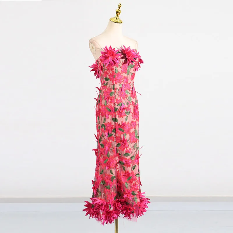 3D flower embroidery strapless midi dress in rose red Gloria Lanvin