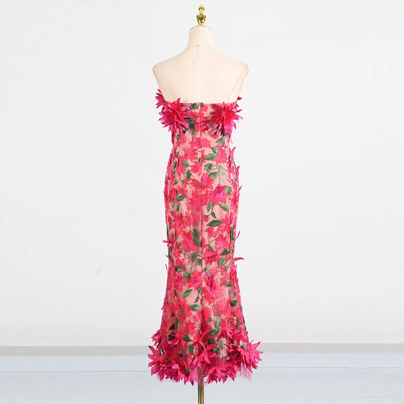 3D flower embroidery strapless midi dress in rose red Gloria Lanvin