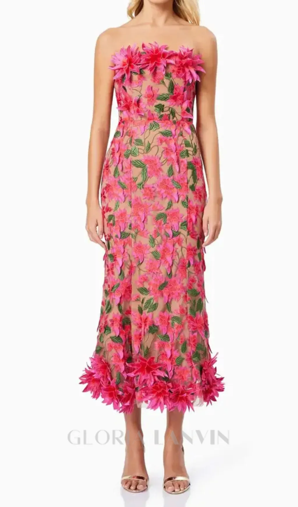 3D flower embroidery strapless midi dress in rose red Gloria Lanvin