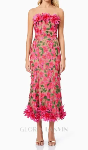 3D flower embroidery strapless midi dress in rose red Gloria Lanvin