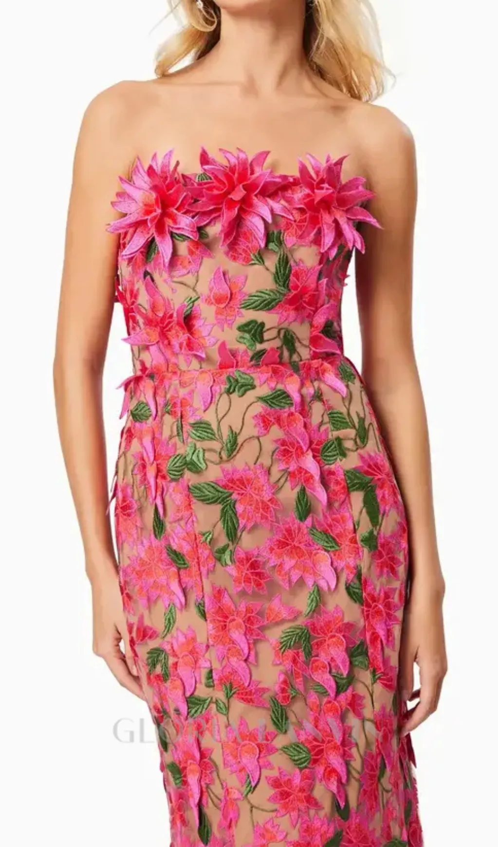 3D flower embroidery strapless midi dress in rose red Gloria Lanvin