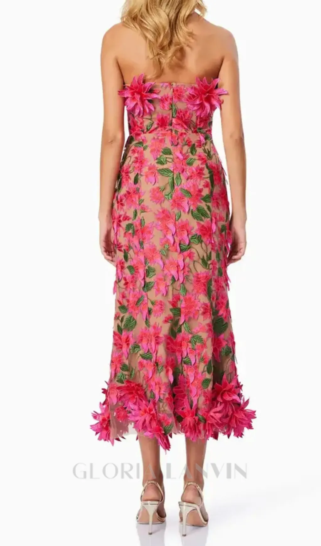 3D flower embroidery strapless midi dress in rose red Gloria Lanvin