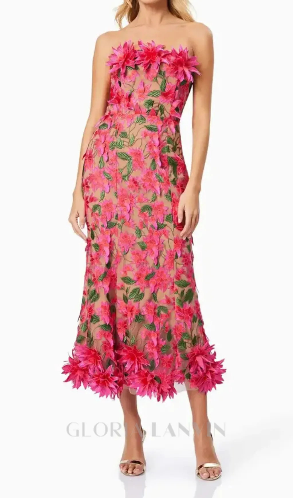 3D flower embroidery strapless midi dress in rose red Gloria Lanvin
