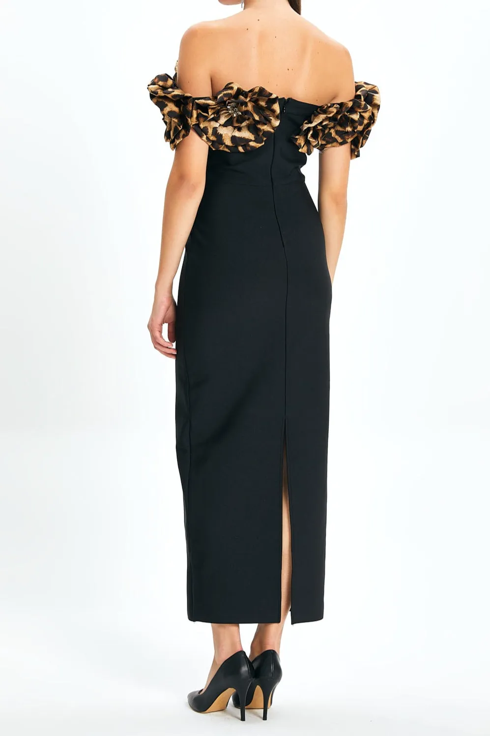 3d flower leopard pattern bandage maxi dress in black Gloria Lanvin
