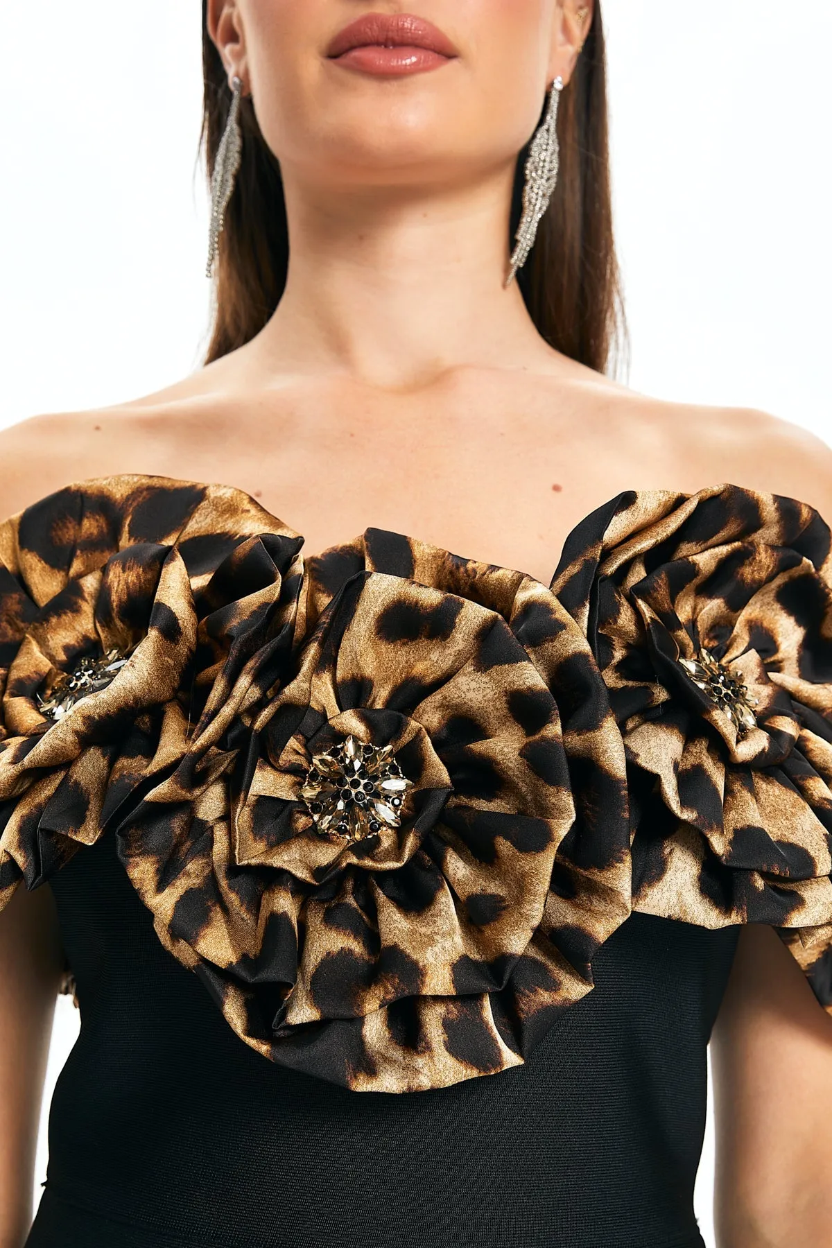 3d flower leopard pattern bandage maxi dress in black Gloria Lanvin