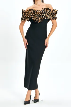 3d flower leopard pattern bandage maxi dress in black Gloria Lanvin