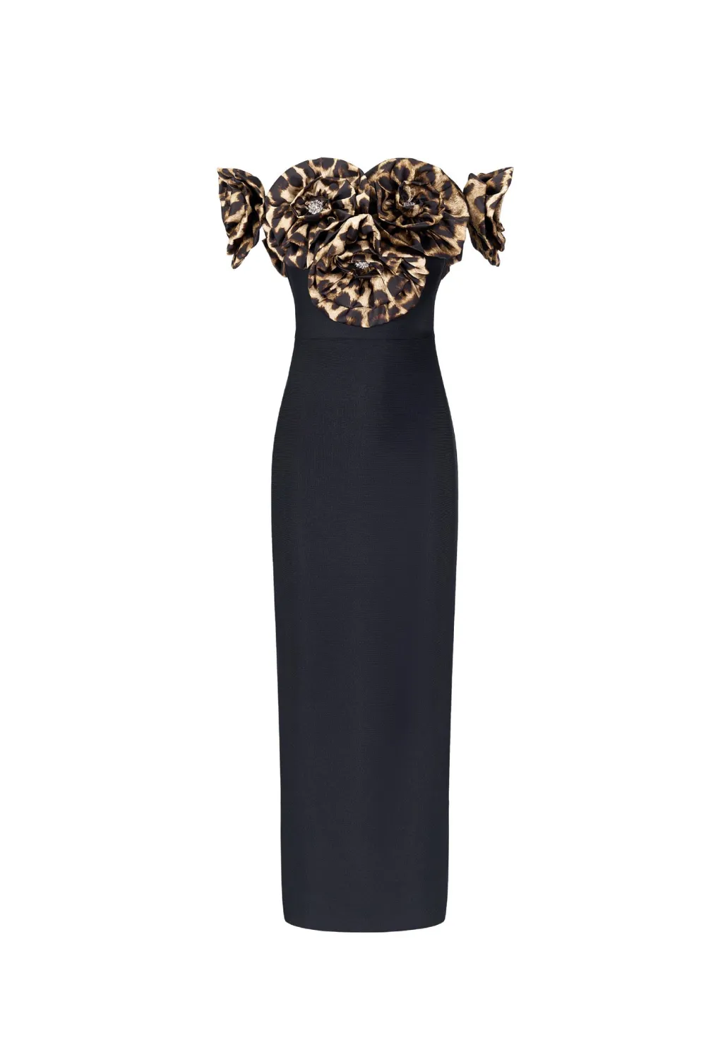 3d flower leopard pattern bandage maxi dress in black Gloria Lanvin