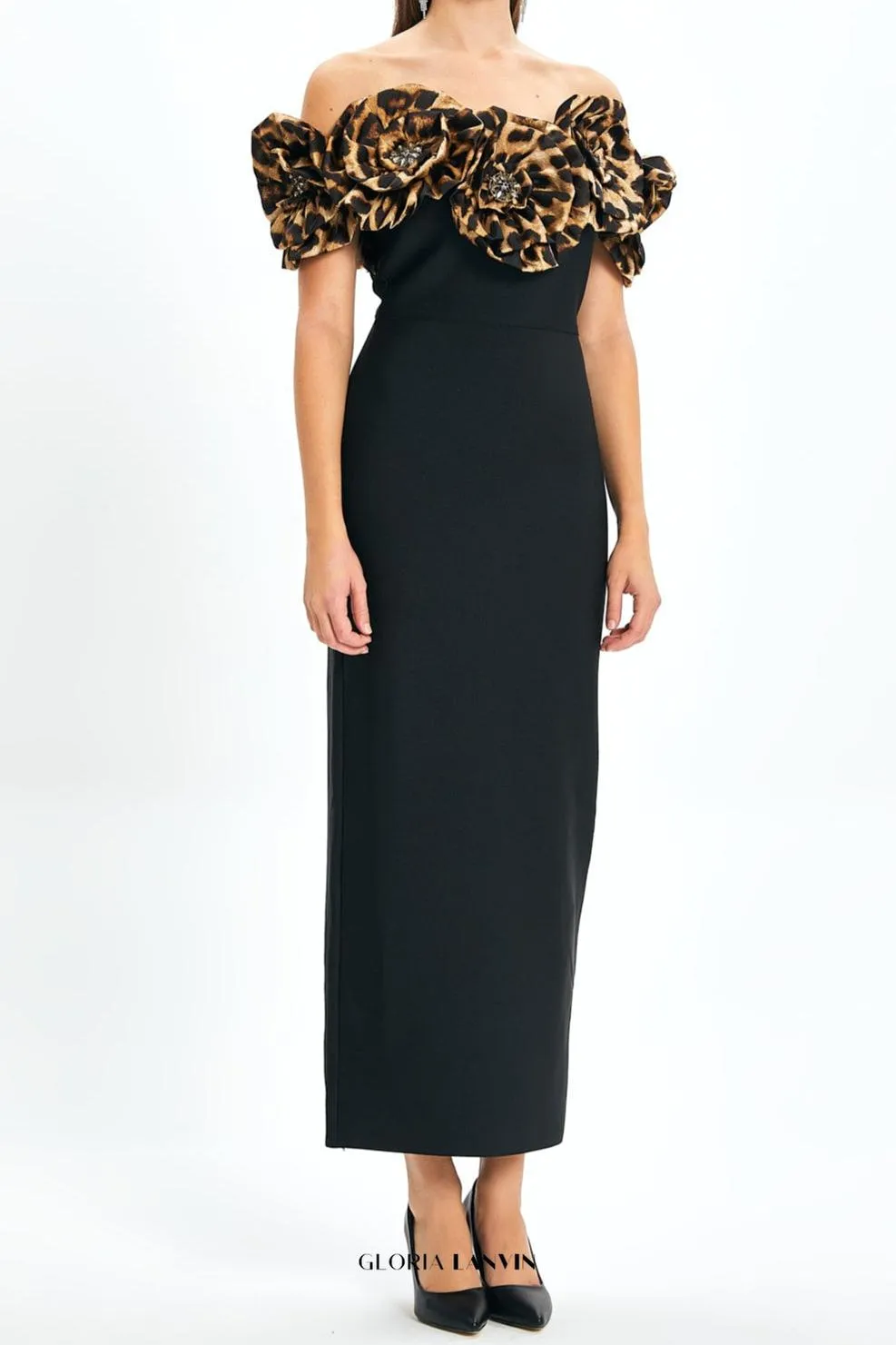3d flower leopard pattern bandage maxi dress in black Gloria Lanvin