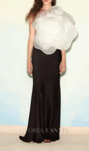 3D WHITE FLOWER ONE-SHOULDER MAXI DRESS IN BLACK Gloria Lanvin