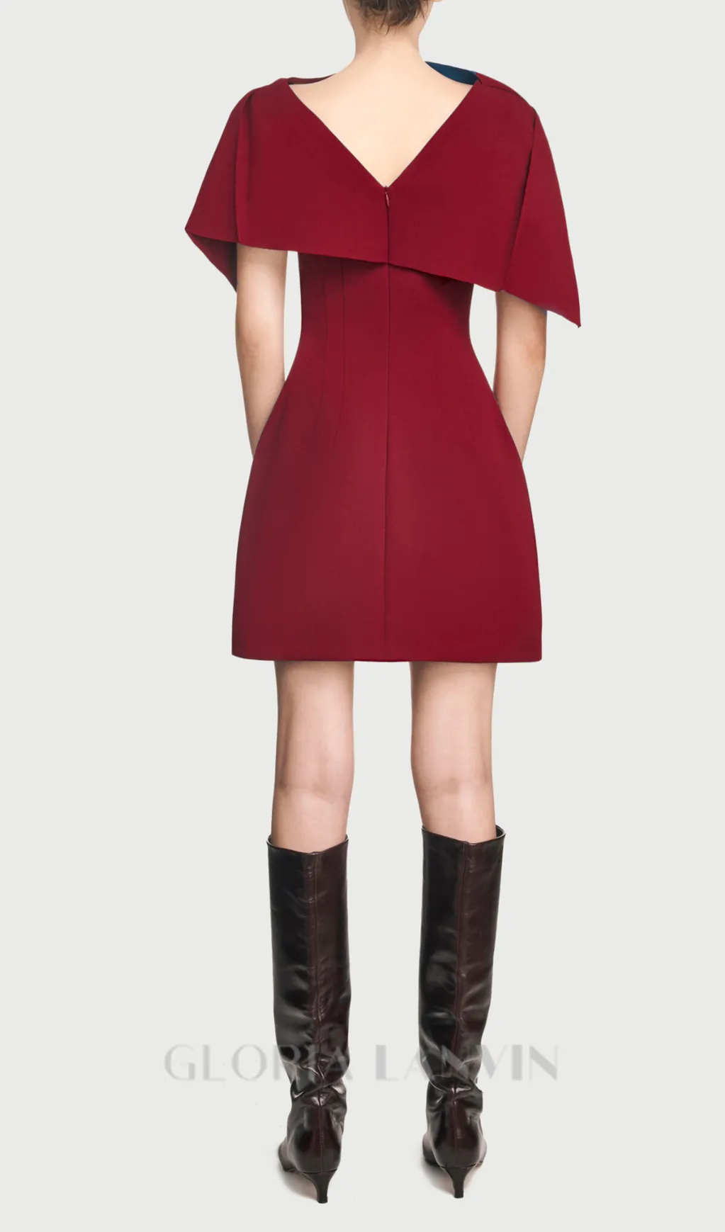 A-line burgundy mini dress with asymmetrical shoulder pleat Gloria Lanvin