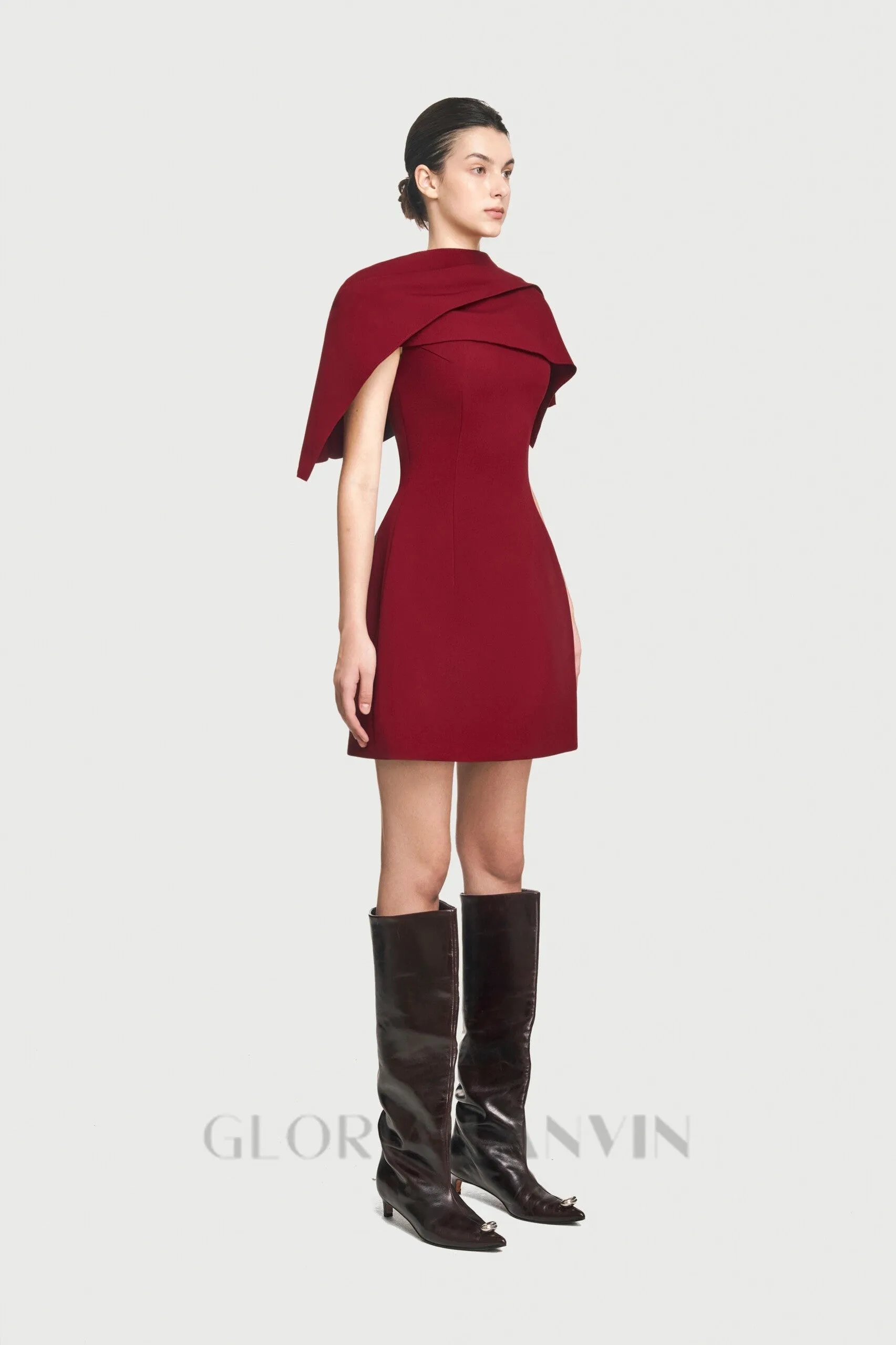 A-line burgundy mini dress with asymmetrical shoulder pleat Gloria Lanvin