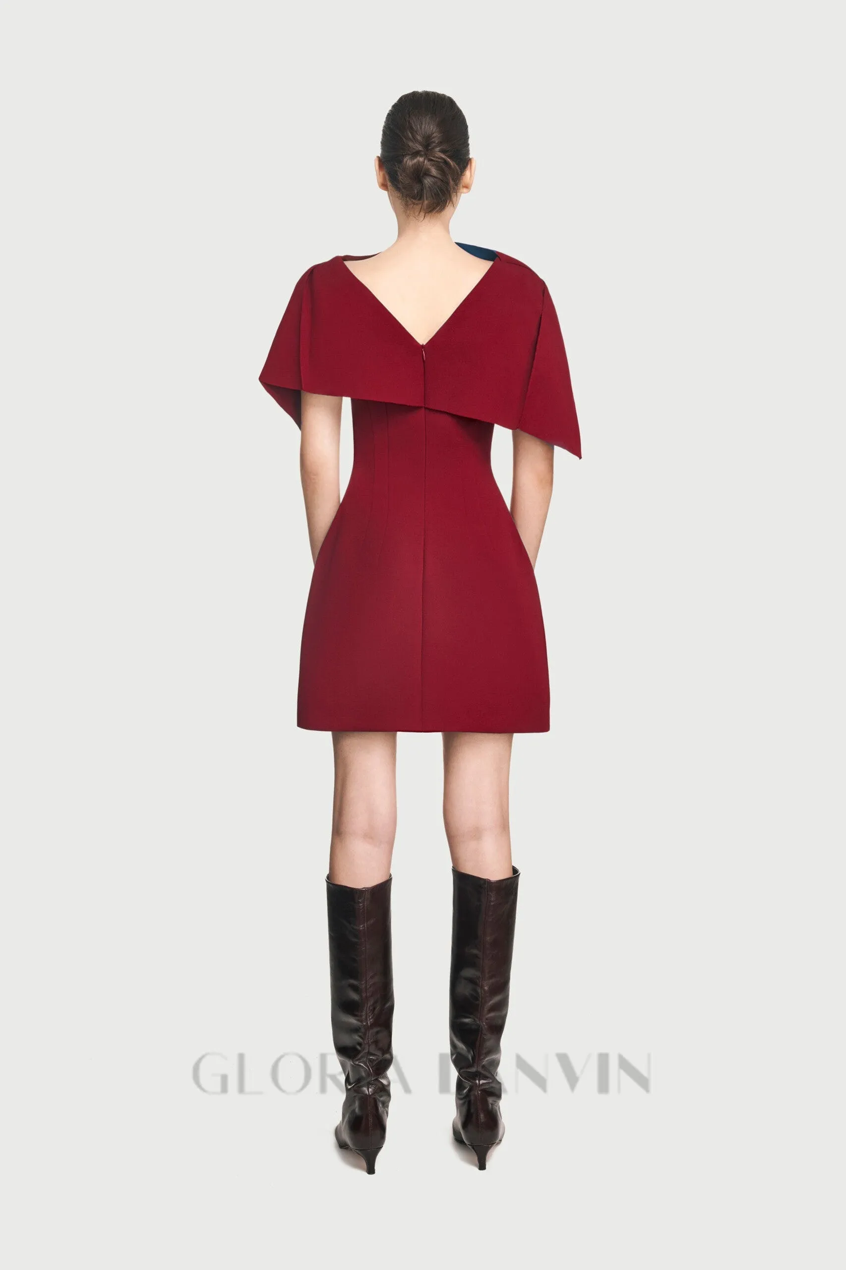 A-line burgundy mini dress with asymmetrical shoulder pleat Gloria Lanvin