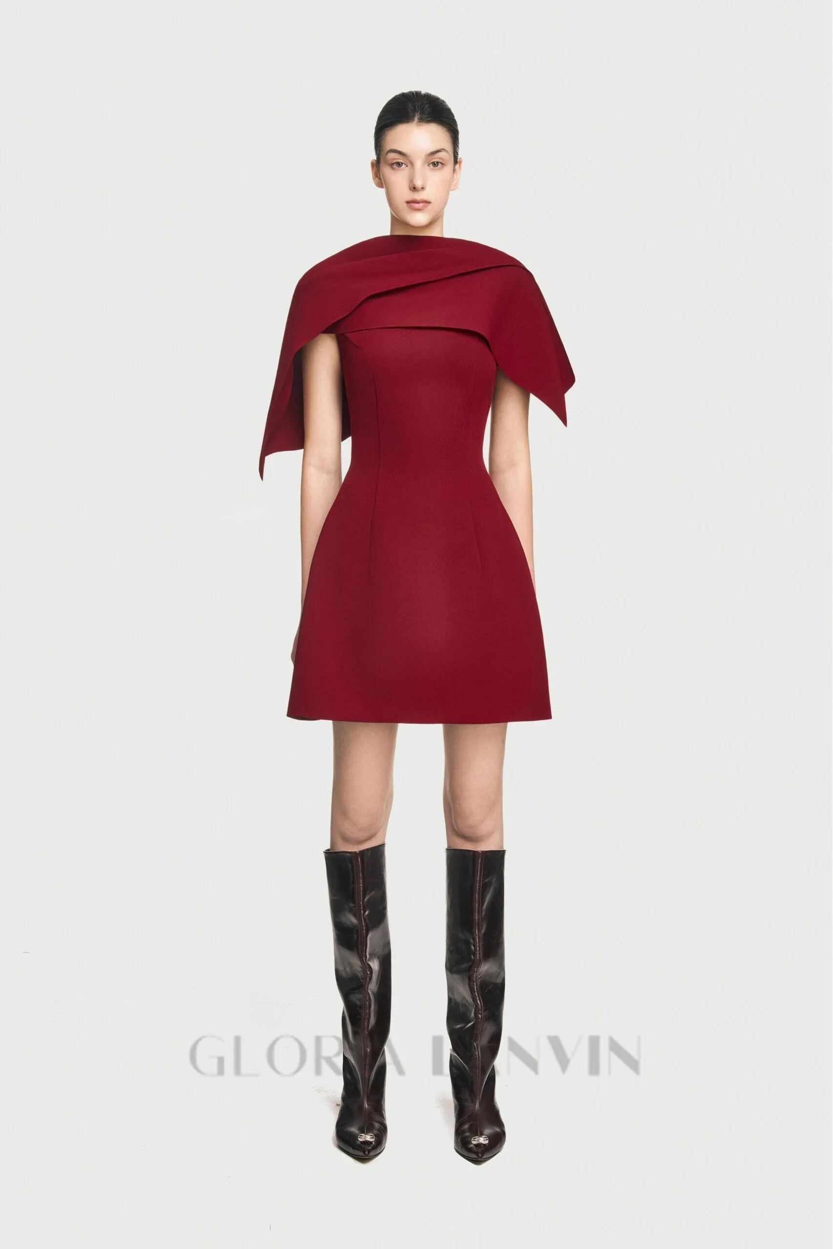 A-line burgundy mini dress with asymmetrical shoulder pleat Gloria Lanvin