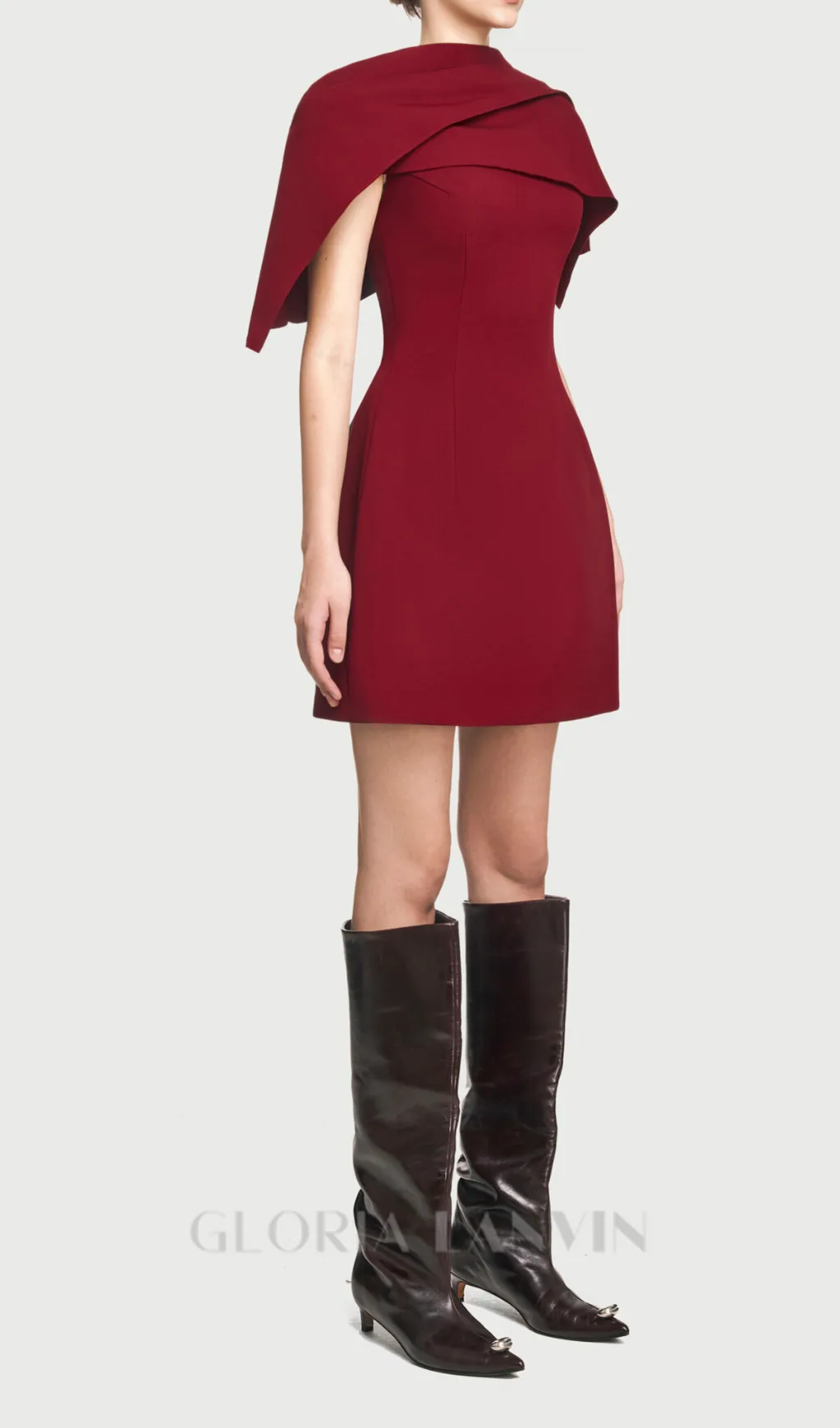 A-line burgundy mini dress with asymmetrical shoulder pleat Gloria Lanvin
