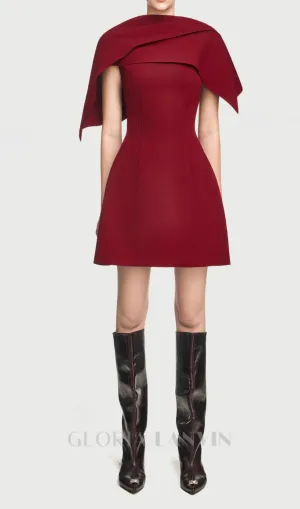 A-line burgundy mini dress with asymmetrical shoulder pleat Gloria Lanvin