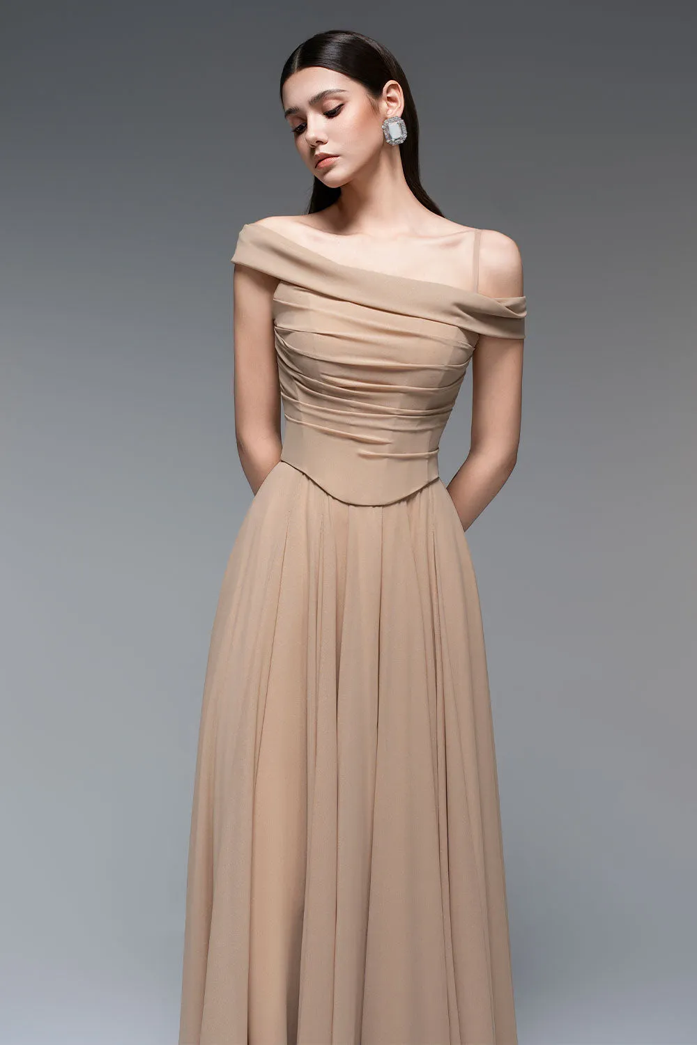 A-line Draped Chiffon maxi Dress in nude Gloria Lanvin