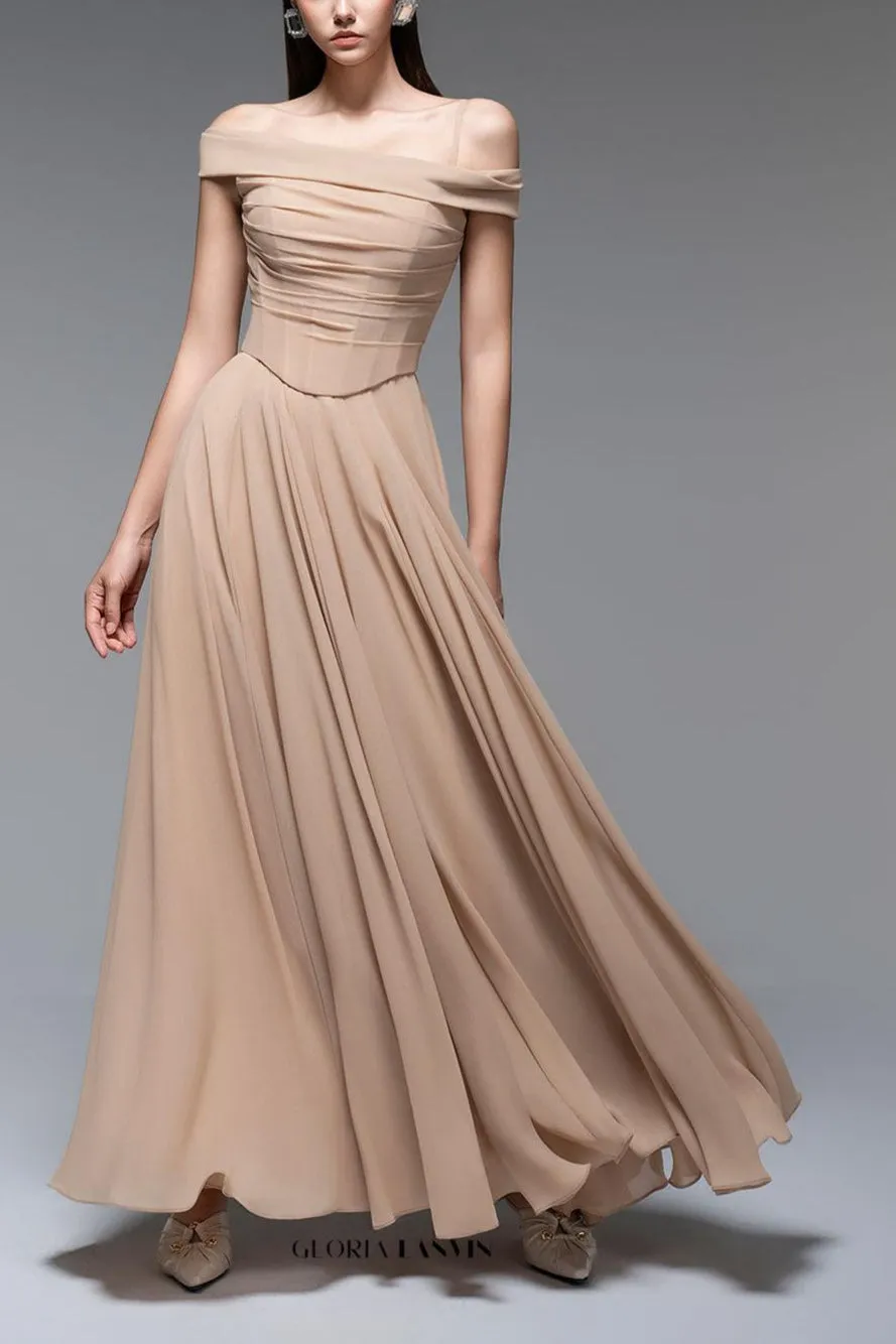 A-line Draped Chiffon maxi Dress in nude Gloria Lanvin