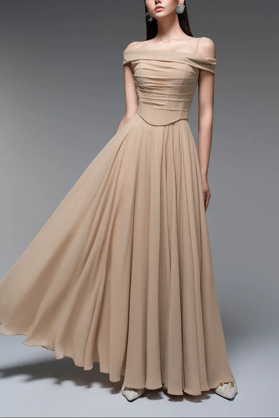 A-line Draped Chiffon maxi Dress in nude Gloria Lanvin