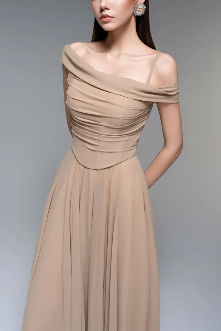 A-line Draped Chiffon maxi Dress in nude Gloria Lanvin