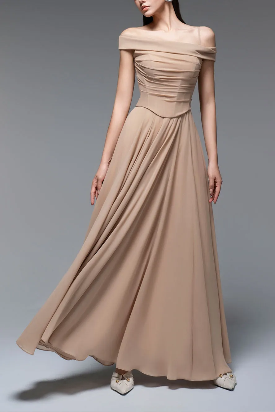 A-line Draped Chiffon maxi Dress in nude Gloria Lanvin