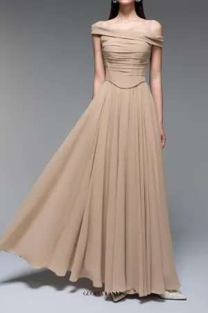 A-line Draped Chiffon maxi Dress in nude Gloria Lanvin
