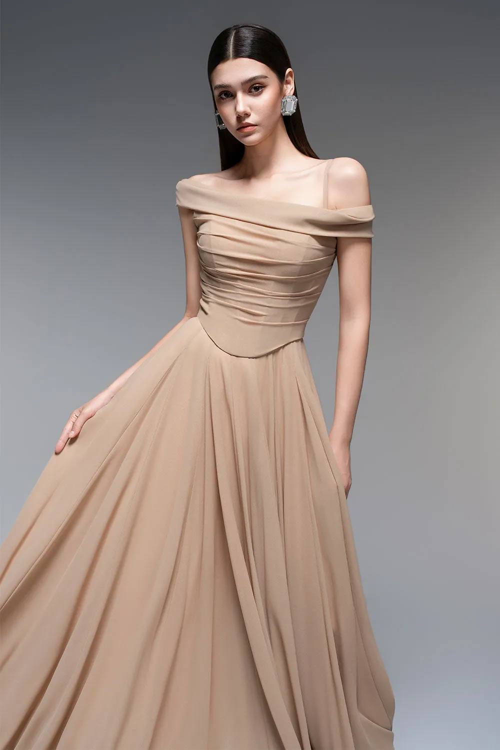 A-line Draped Chiffon maxi Dress in nude Gloria Lanvin