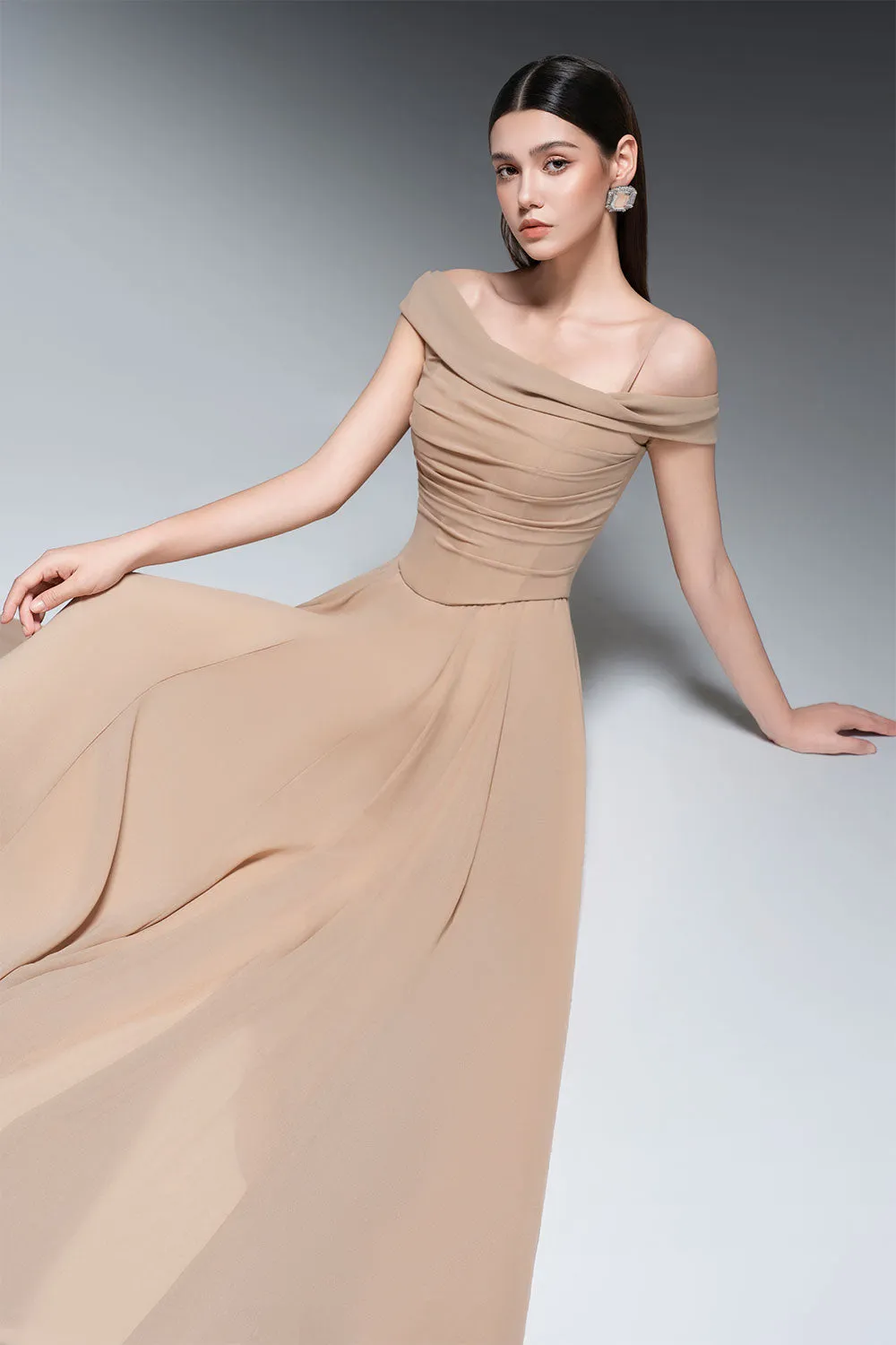 A-line Draped Chiffon maxi Dress in nude Gloria Lanvin