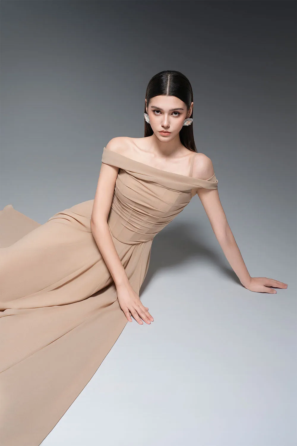 A-line Draped Chiffon maxi Dress in nude Gloria Lanvin