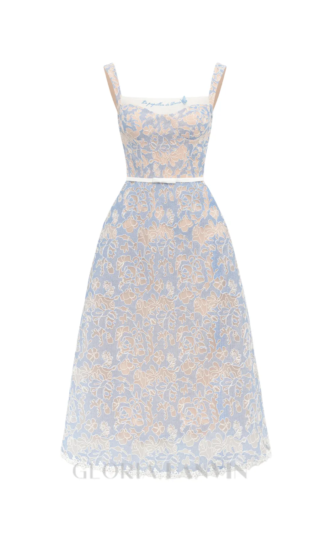 A-LINE SQUARE NECK EMBROIDERED LACE MIDI DRESS IN BLUE Gloria Lanvin