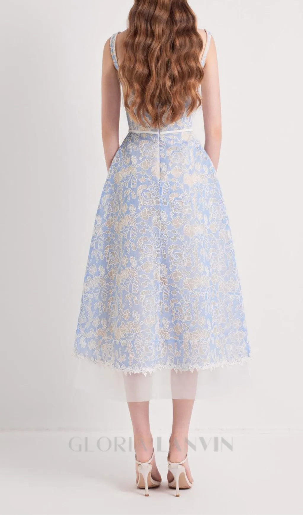 A-LINE SQUARE NECK EMBROIDERED LACE MIDI DRESS IN BLUE Gloria Lanvin