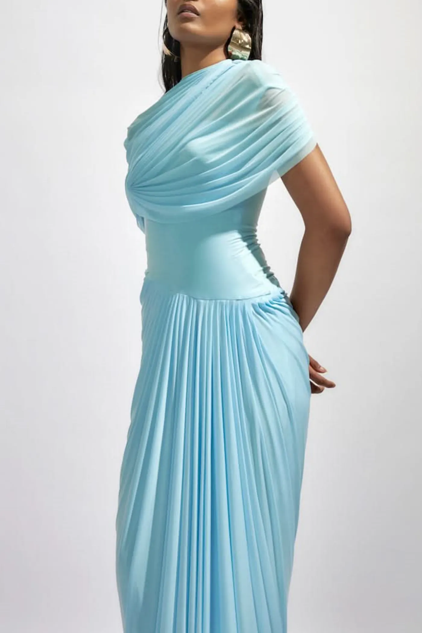 Aakifa Asymmetric Draped Maxi Dress in Baby blue Gloria Lanvin