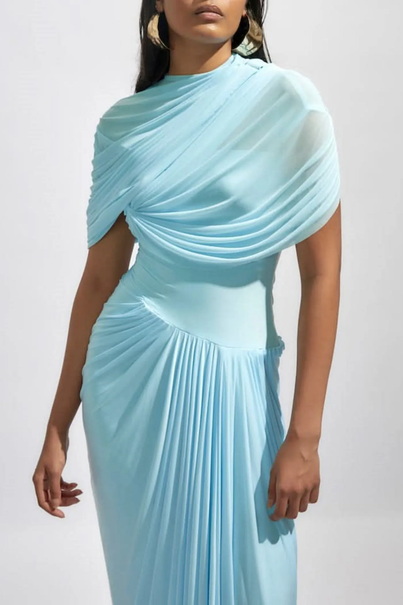 Aakifa Asymmetric Draped Maxi Dress in Baby blue Gloria Lanvin