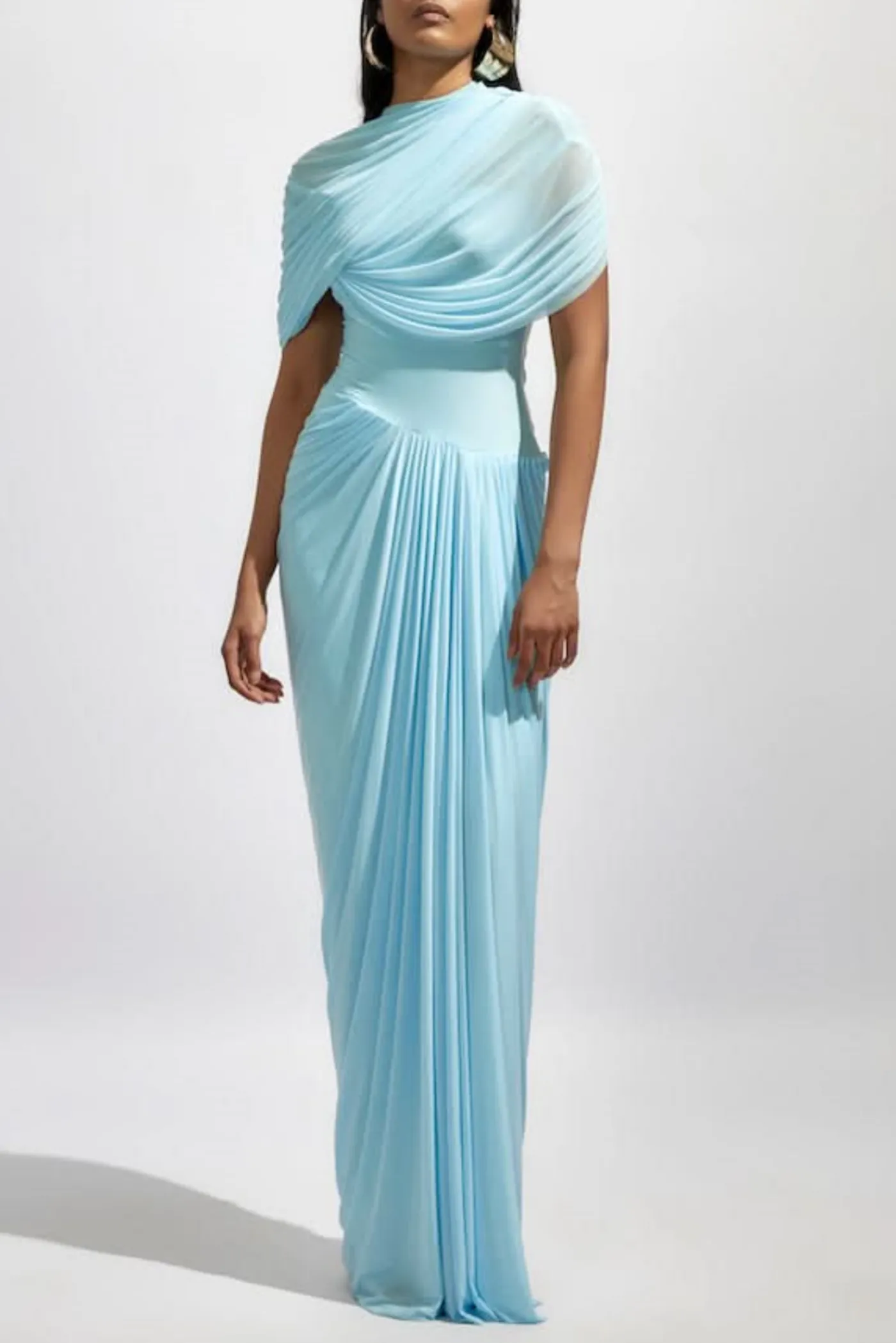 Aakifa Asymmetric Draped Maxi Dress in Baby blue Gloria Lanvin
