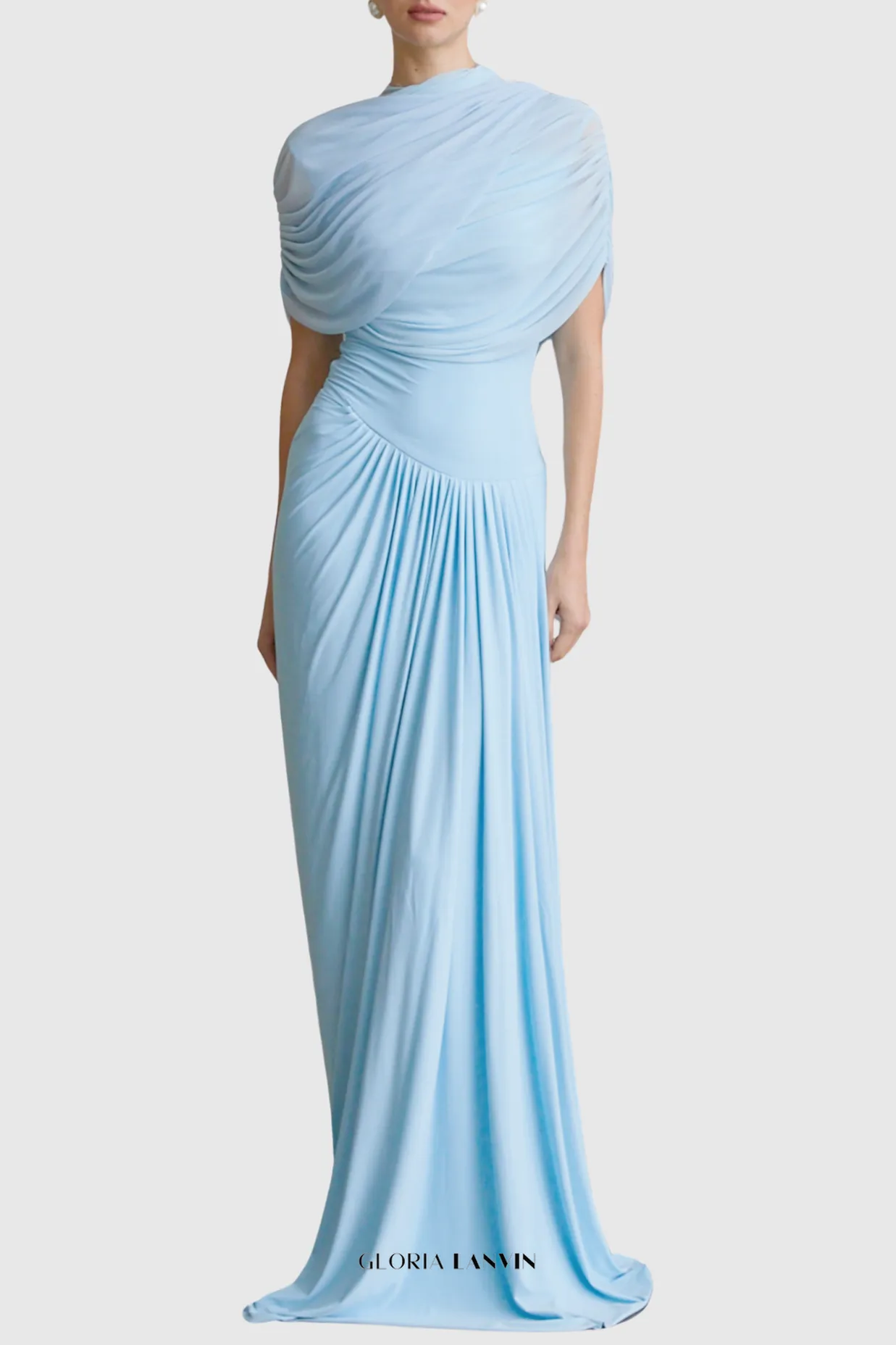 Aakifa Asymmetric Draped Maxi Dress in Baby blue Gloria Lanvin