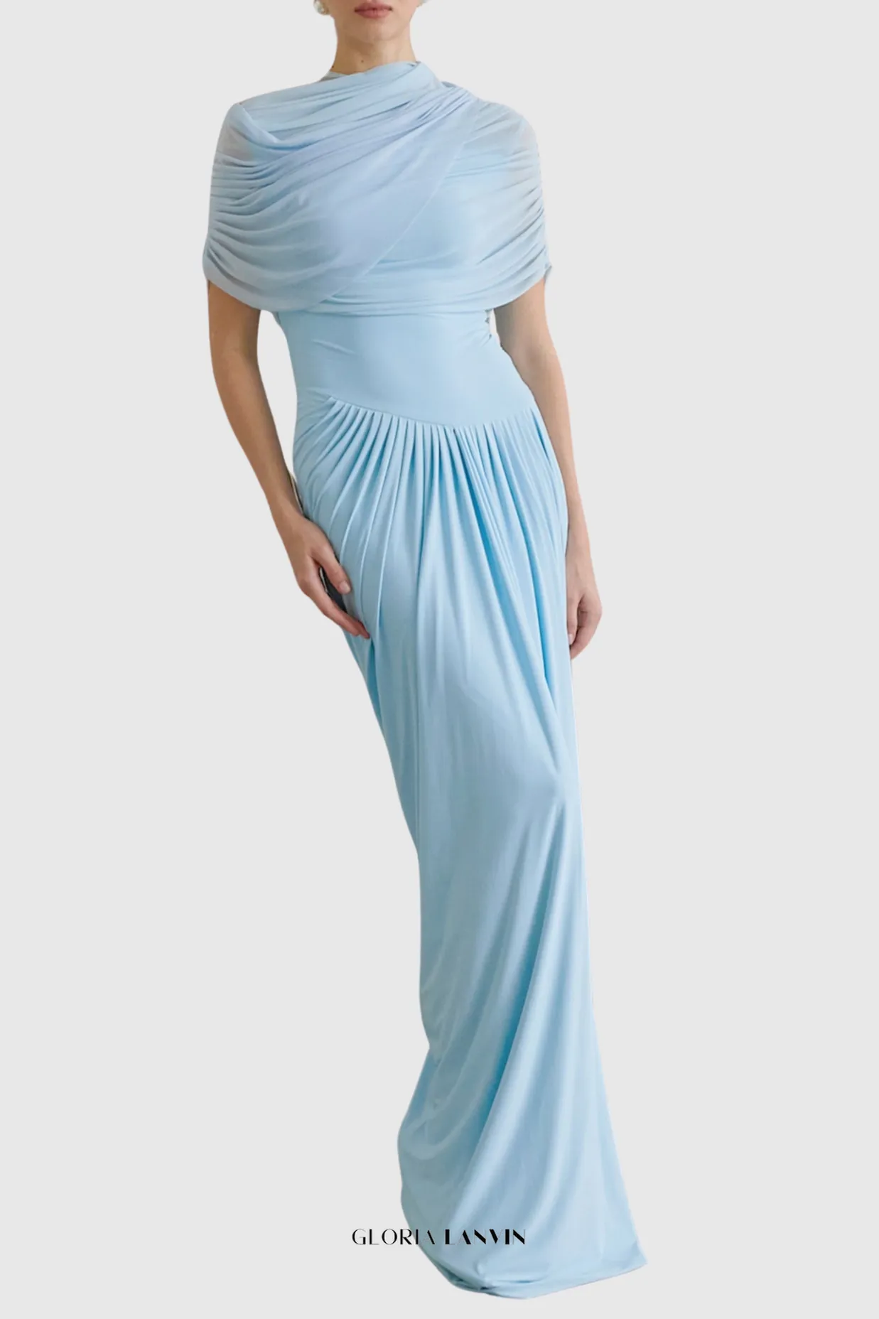Aakifa Asymmetric Draped Maxi Dress in Baby blue Gloria Lanvin