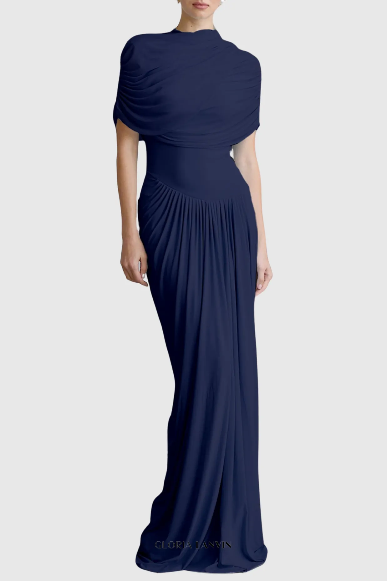 Aakifa Asymmetric Draped Maxi Dress in Navy blue Gloria Lanvin