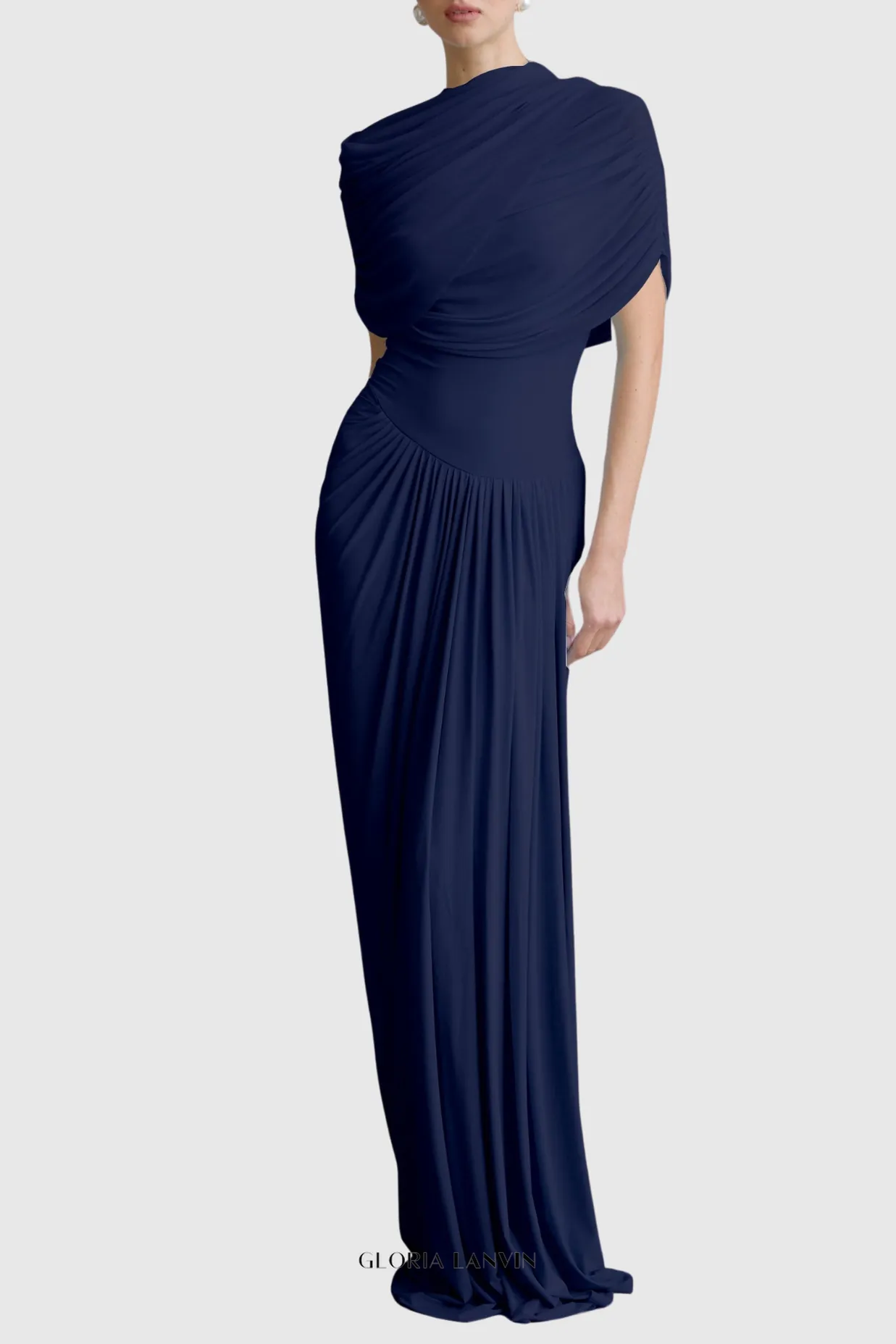 Aakifa Asymmetric Draped Maxi Dress in Navy blue Gloria Lanvin