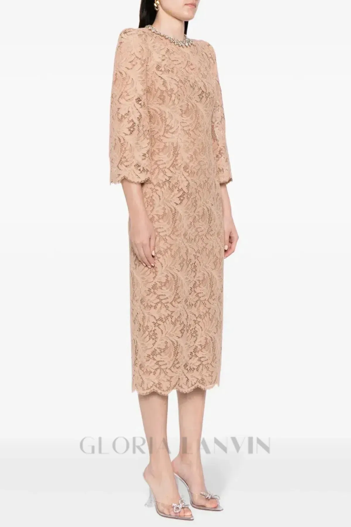 Acotas Lace Crystal-embellished Midi Dress in Nude Gloria Lanvin