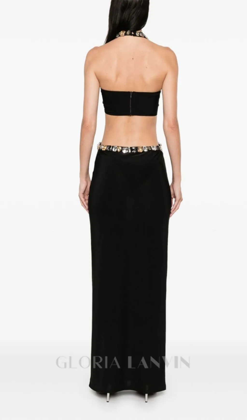 ADELA CRYSTAL EMBELLISHMENT HALTER NECK BLACK MAXI DRESS Gloria Lanvin