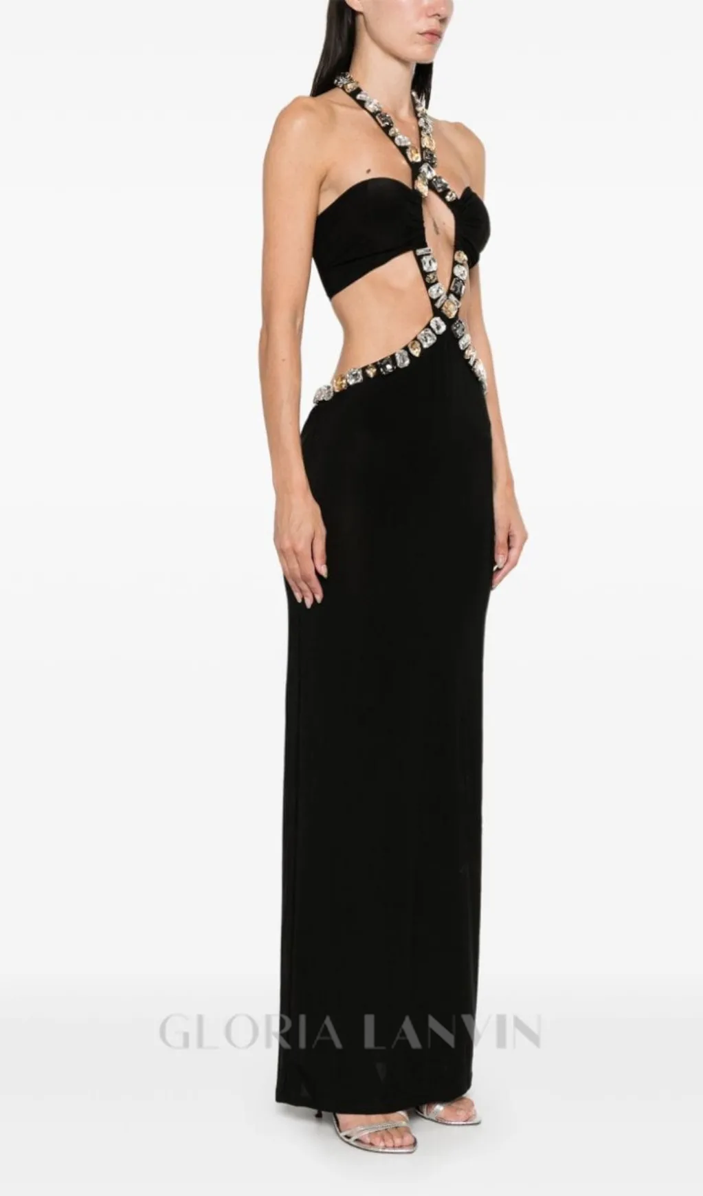 ADELA CRYSTAL EMBELLISHMENT HALTER NECK BLACK MAXI DRESS Gloria Lanvin